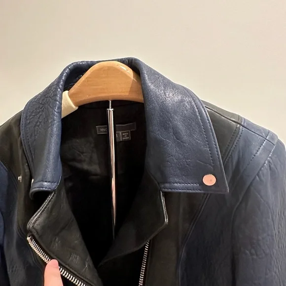 Vince Two-Tone Lamb Leather Moto Jacket - Black & Navy